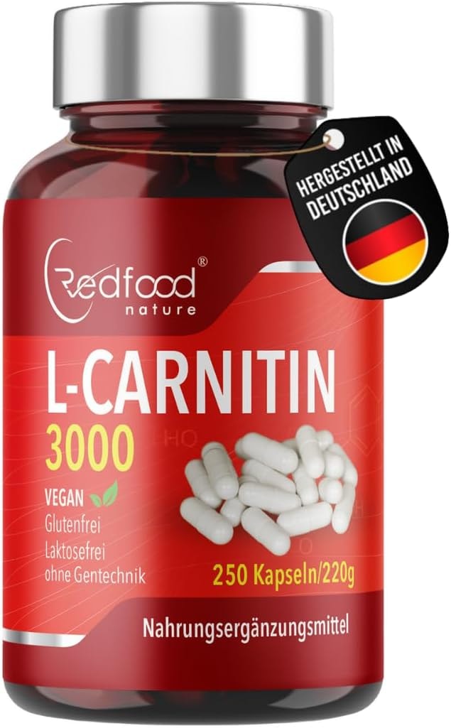 Produktbild von Bewertung Redfood L-Carnitin hochdosiert 250 Kapseln á 750mg L Carnitintartrat 100% Vegan ohne Zusatzstoffe Made in Germany