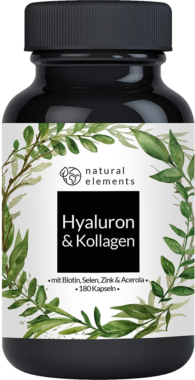 Produktbild von Bewertung natural elements Hyaluronsäure Kollagen Komplex - Angereichert mit Biotin, Selen, Zink, Vitamin C aus Acerola & Bambusextrakt -180 Kapseln - Laborgeprüft