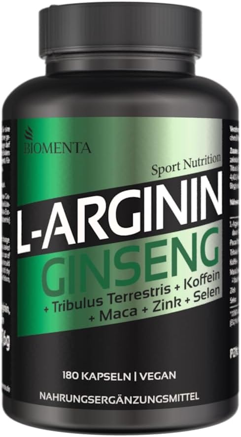 Produktbild von Bewertung BIOMENTA Arginin Ginseng 180 L-Arginin Ginseng Kapseln hochdosiert Wirkstoffkomplex mit Arginine Ginseng Maca Tribulus Terrestris Koffein Zink Selen vegan Premiumqualität