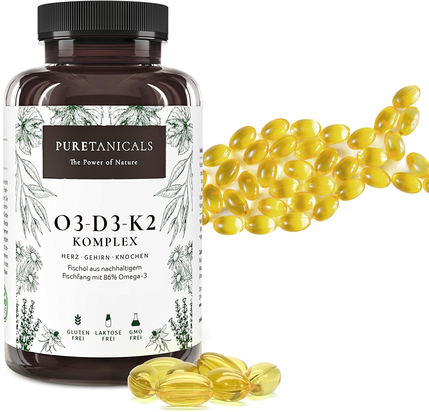 Produktbild von Bewertung Puretanicals Omega 3 mit Vitamin D3, K2 MK7 All-Trans mikroverkapselt - Premium Essentials O3-D3-K2 hochdosiert - Fischöl mit essentiellen EPA & DHA Fettsäuren | Fisch Öl Omega3 Fish Oil Tropfen | 240 Kapseln