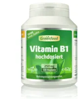 Greenfood Vitamin B1, 250 mg, hochdosiert, 120 Kapseln - für starke Nerven und einen klaren Kopf. OHNE künstliche Zusätze. Ohne Gentechnik. Vegi-Kapseln. Vegan.