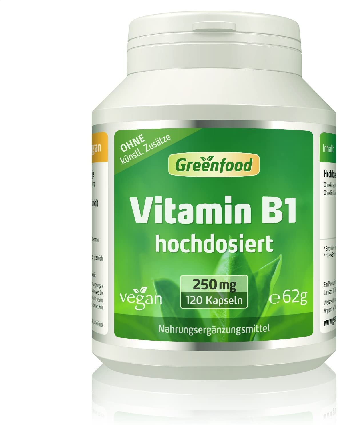 Produktbild von Greenfood Vitamin B1, 250 mg, hochdosiert, 120 Kapseln - für starke Nerven und einen klaren Kopf. OHNE künstliche Zusätze. Ohne Gentechnik. Vegi-Kapseln. Vegan.