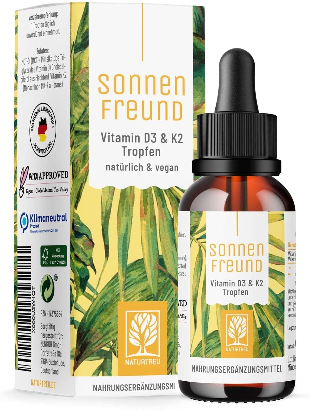 Produktbild von NATURTREU Vitamin D3 K2 Tropfen hochdosiert & vegan 100% pflanzlich ohne tierisches Lanolin 1000 IE Vitamin D + Vitamin K2  Sonnenfreund