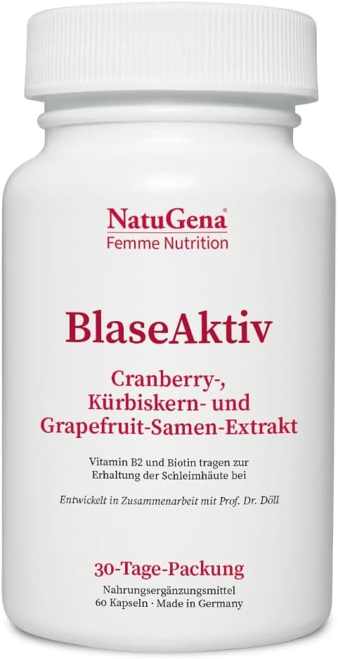 Produktbild von Bewertung NatuGena BlaseAktiv mit Cranberry Kürbiskern und Grapefruit Samen Extrakt für Frauen und Männer 60 Kapseln 30 Tage Packung