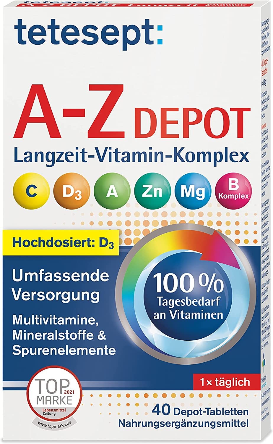 Produktbild von tetesept Multivitamin A-Z komplett Depot Tabletten Nahrungsergänzungsmittel für eine umfassende Versorgung an Vitaminen, Mineralstoffen und Spurenelementen 1 x 40 Depot-Tabletten