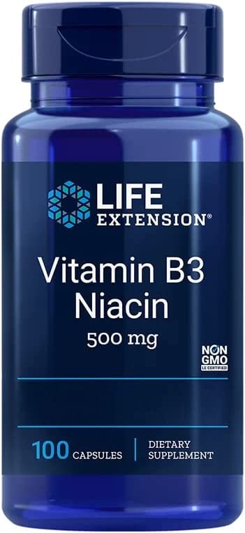 Produktbild von Life Extension Niacin (Vitamin B3), 500mg, hochdosiert, 100 Kapseln, Laborgeprüft, Glutenfrei, Sojafrei, Ohne Gentechnik