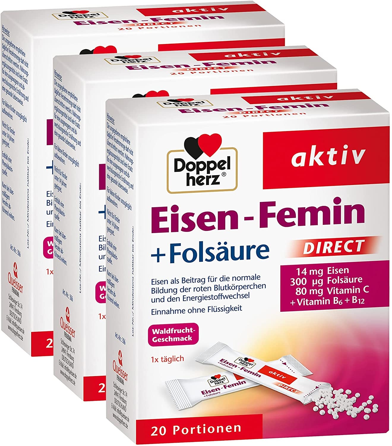 Produktbild von Doppelherz Eisen-Femin Direct mit Vitamin C + B6 + B12 + Folsäure – 14 mg Eisen für die normale Bildung von roten Blutkörperchen – 3 x 20 Portionen Micro-Pellets