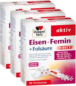Produktbild von Doppelherz Eisen-Femin Direct mit Vitamin C + B6 + B12 + Folsäure – 14 mg Eisen für die normale Bildung von roten Blutkörperchen – 3 x 20 Portionen Micro-Pellets