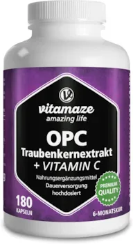 Vitamaze - amazing life - OPC Traubenkernextrakt Kapseln zertifiziert hochdosiert 450 mg reines OPC, 180 Kapseln für 6 Monate, Natürliche Nahrungsergänzung ohne Zusätze, Made in Germany