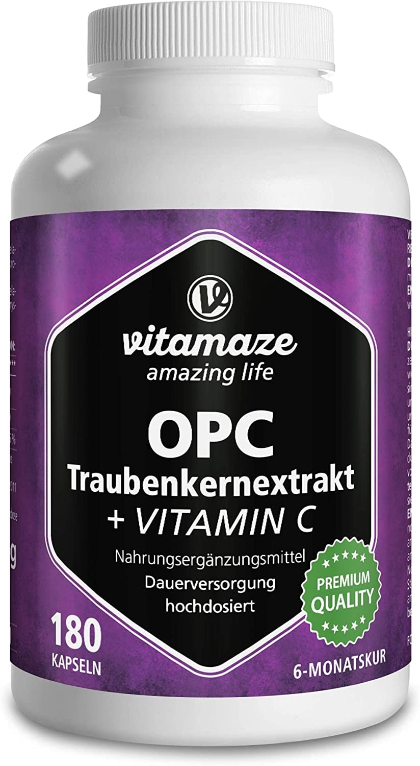 Produktbild von Bewertung Vitamaze amazing life OPC Traubenkernextrakt Kapseln zertifiziert hochdosiert 450 mg reines OPC 180 Kapseln für 6 Monate Natürliche Nahrungsergänzung ohne Zusätze Made in Germany