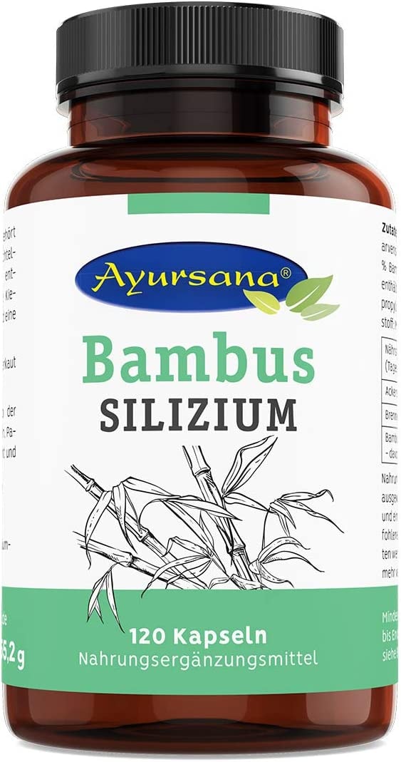 Produktbild von Ayursana - Silizium Kapseln (120 Stück) | Gewonnen aus Bambus, Schachtelhalm und Brennnessel | Tonikum für Haut, Haare, Nägel | 157 mg Kieselsäure je Tagesdosis | Apothekenqualität aus deutscher Herstellung