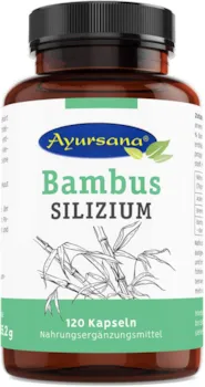 Produktbild von Ayursana - Silizium Kapseln (120 Stück) | Gewonnen aus Bambus, Schachtelhalm und Brennnessel | Tonikum für Haut, Haare, Nägel | 157 mg Kieselsäure je Tagesdosis | Apothekenqualität aus deutscher Herstellung