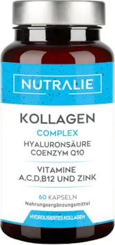 Produktbild von NUTRALIE - Kollagen Kapseln Hochdosiert - TESTSIEGER Collagen Hyaluron - Kollagen für Haut & Gelenke mit Q10, Zink, Vitamine A,C,D und B12 - Hyaluronsäure Collagen Komplex - Laborgeprüft - 60 Kapseln Nutralie