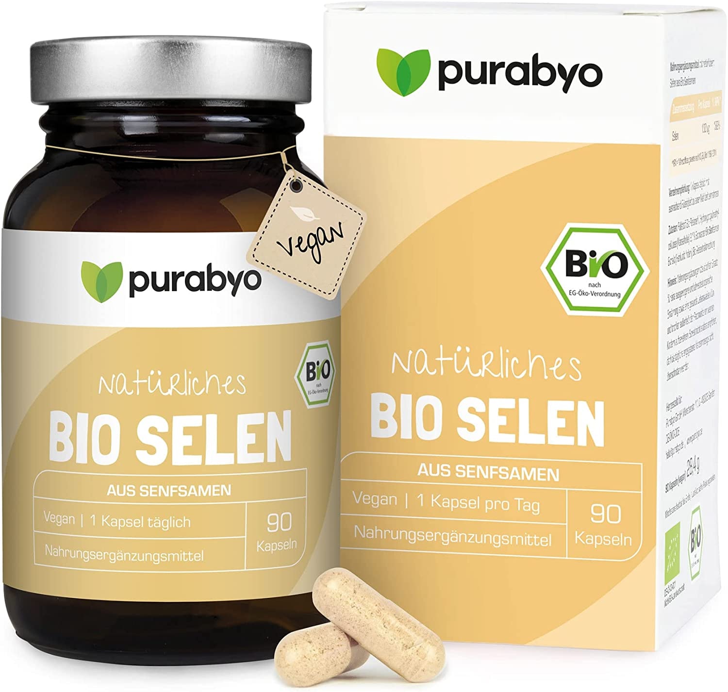 Produktbild von Purabyo - Bio Selen Kapseln aus Senfsamen | im Glas | Selen 100µg pro Kapsel | 3-Monatsversorgung | Organisches Selenmethionin | Nur 1 Kapsel täglich | Selen Bio | Selen hochdosiert
