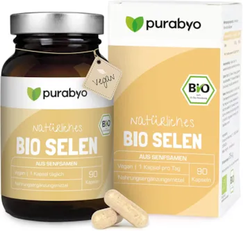 Produktbild von Purabyo - Bio Selen Kapseln aus Senfsamen | im Glas | Selen 100µg pro Kapsel | 3-Monatsversorgung | Organisches Selenmethionin | Nur 1 Kapsel täglich | Selen Bio | Selen hochdosiert