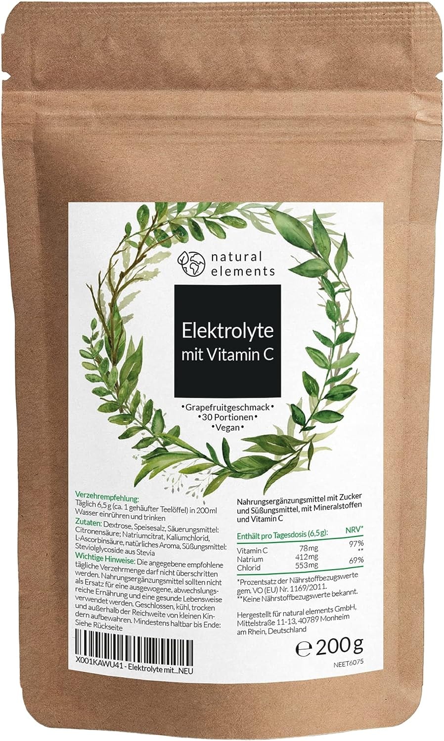 Produktbild von Bewertung natural elements Elektrolyte mit Grapefruitgeschmack 200 g Pulver für 30 Portionen vegan, mit natürlichem Aroma in Deutschland hergestellt, laborgeprüft