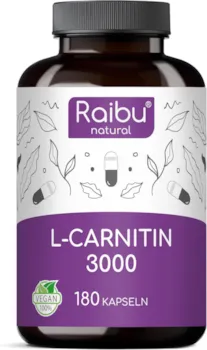Produktbild von Bewertung Raibu L-Carnitin 3000 180 Kapseln hochdosiert 3000 mg L Carnitin pro Tag Vegan Premium Qualität Vegan Laborgeprüft Reines L-Carnitin Tartrat