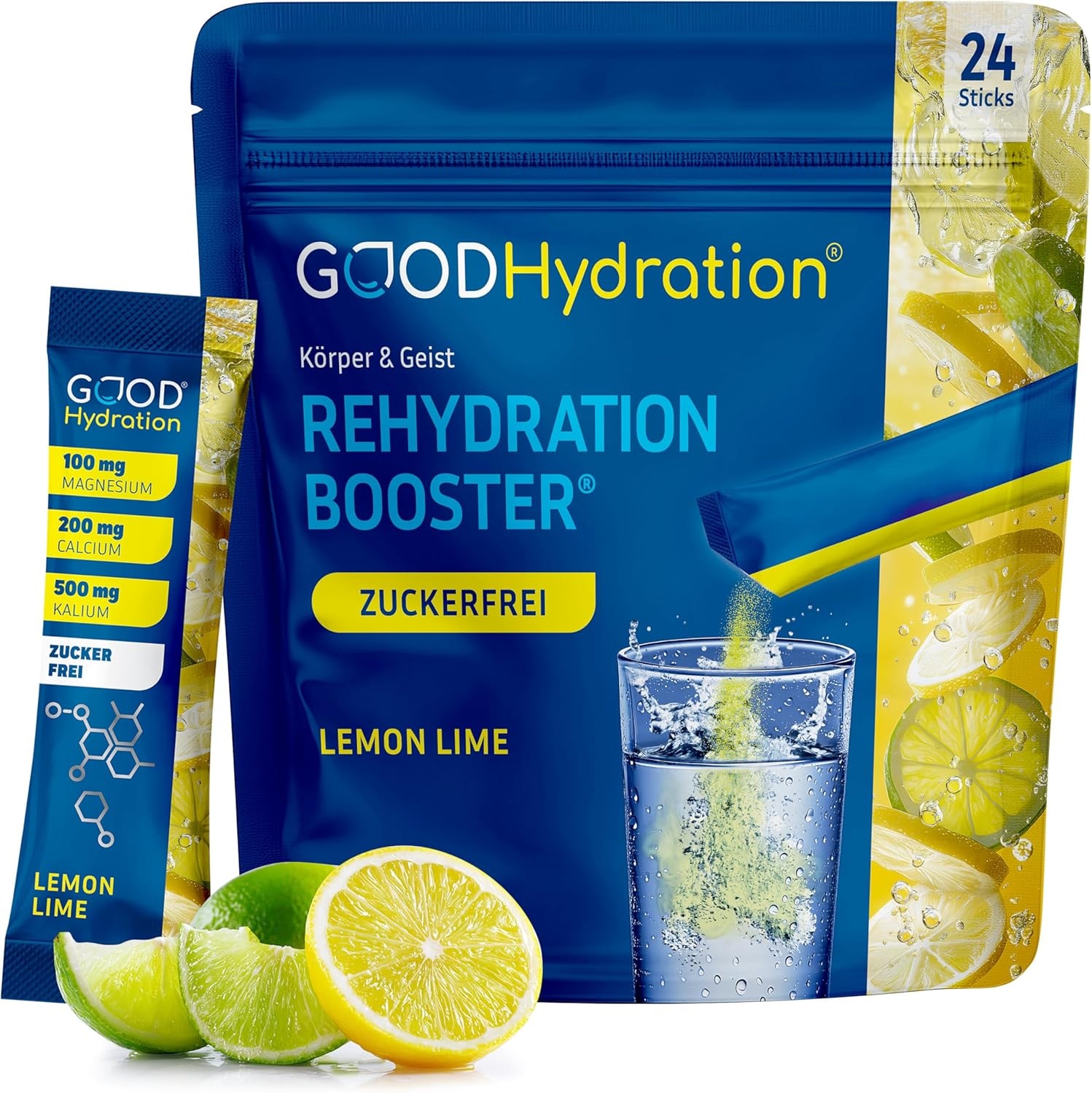 Produktbild von Bewertung GOOD Hydration Rehydration Booster ZITRONE 1.450mg Elektrolyte OHNE ZUCKER plus BCAA Biotin und 6 Vitamine Elektrolyt Pulver für Sport Arbeit und Party Vegan Made in Germany 24 Sticks