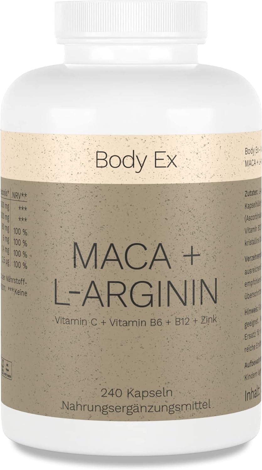 Produktbild von Bewertung Body Ex Maca Kapseln 4000 mg L-Arginin Mit Vitamin C B6 B12 Zink 240 vegane Kapseln hochdosiert Made in Germany