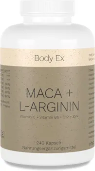 Produktbild von Bewertung Body Ex Maca Kapseln 4000 mg L-Arginin Mit Vitamin C B6 B12 Zink 240 vegane Kapseln hochdosiert Made in Germany