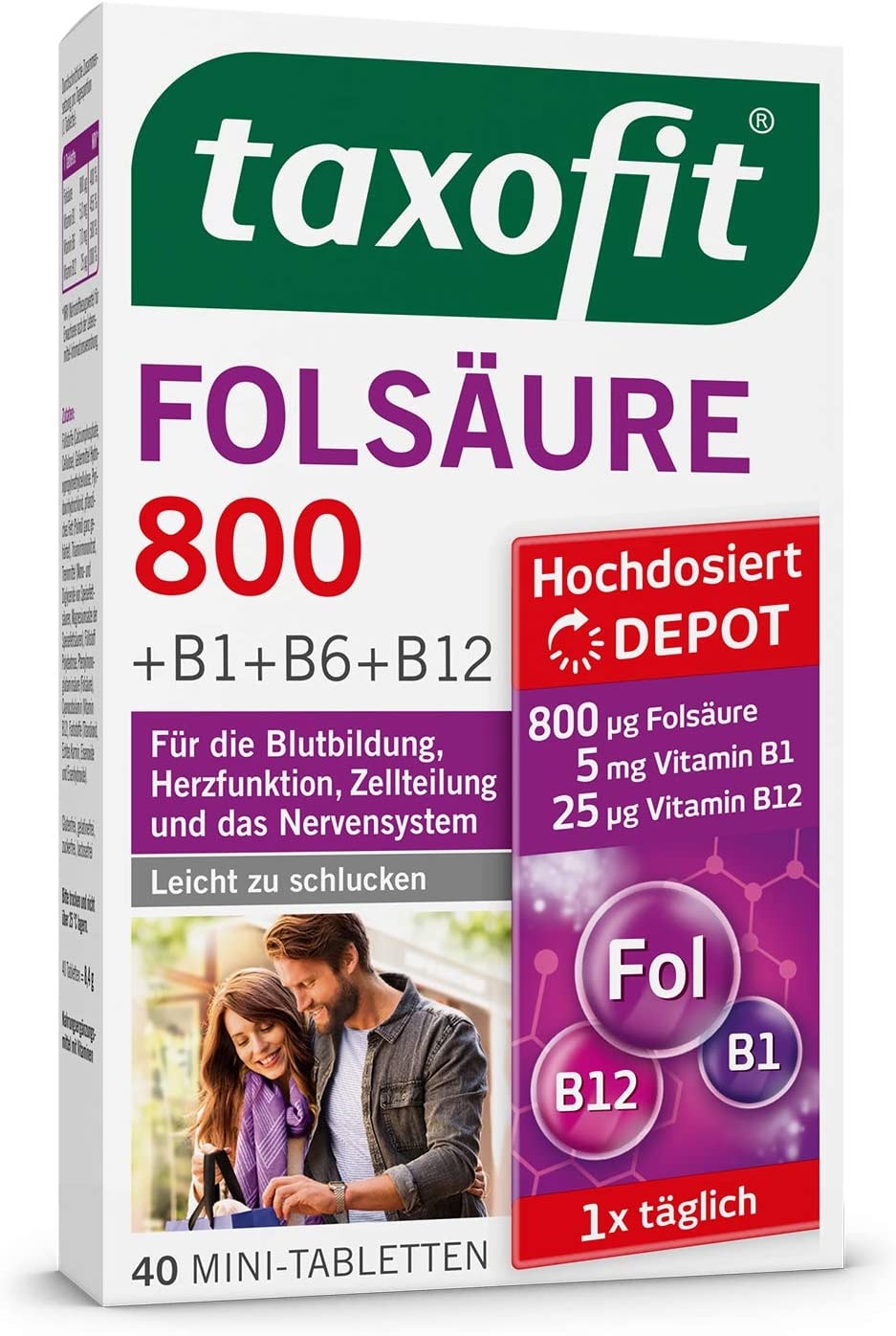 Produktbild von taxofit Folsäure 800 + Vitamin B1, B6 und B12 Tabletten, 40