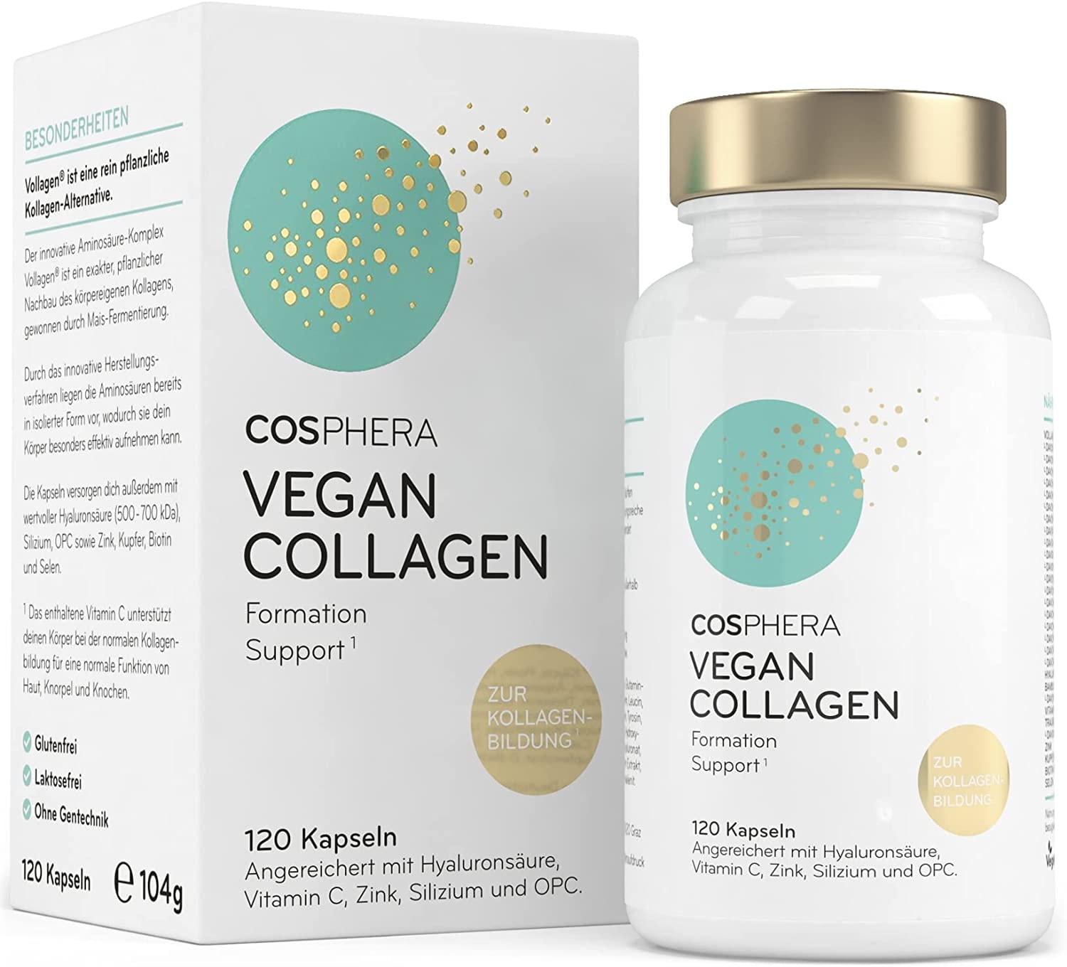 Produktbild von COSPHERA Kollagen Kapseln Vegan - Kollagen Hyaluron Kapseln vegan mit Vitamin C, Biotin, OPC, Zink und Kupfer hochdosiert - Vollagen® Komplex 100% pflanzlich