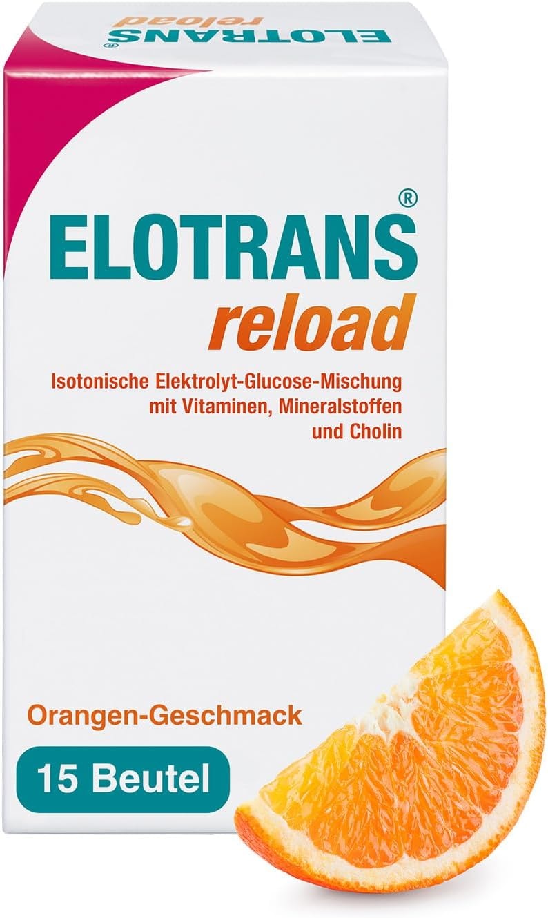 Produktbild von Bewertung ELOTRANS reload Orange Isotonisches Elektrolyte Pulver Electrolyte Sport Drink Mit Magnesium Vitaminen & Mineralstoffen Vegan 15 Beutel