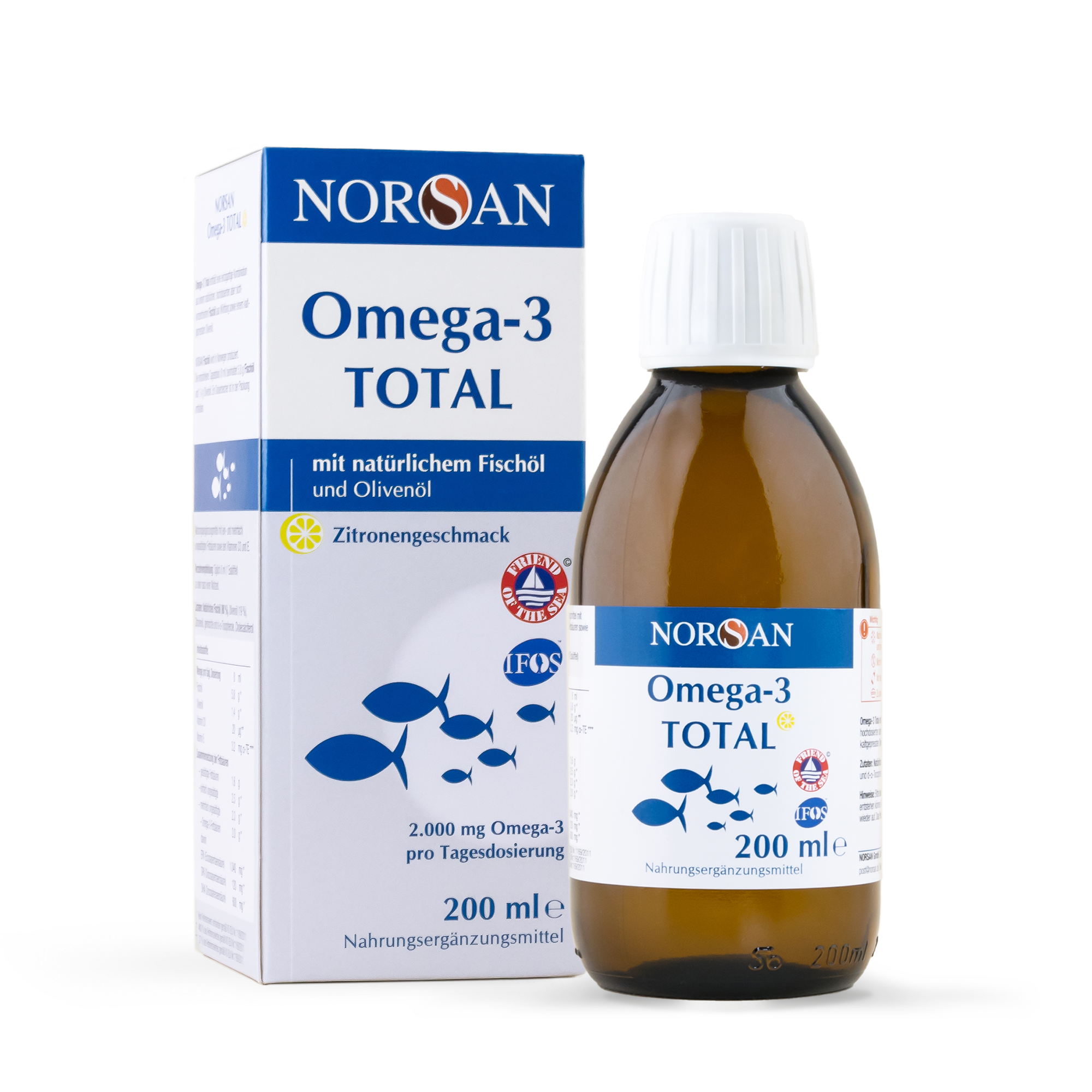 Produktbild von Bewertung NORSAN Premium Omega 3 Fischöl 200ml Total hochdosiert 1.040 mg EPA und 600 mg DHA Vitamin D3 und kaltgepresstem Olivenöl 2.000mg Omega 3 pro Portion Omega 3 Öl