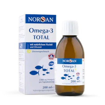 Produktbild von Bewertung NORSAN Premium Omega 3 Fischöl 200ml Total hochdosiert 1.040 mg EPA und 600 mg DHA Vitamin D3 und kaltgepresstem Olivenöl 2.000mg Omega 3 pro Portion Omega 3 Öl