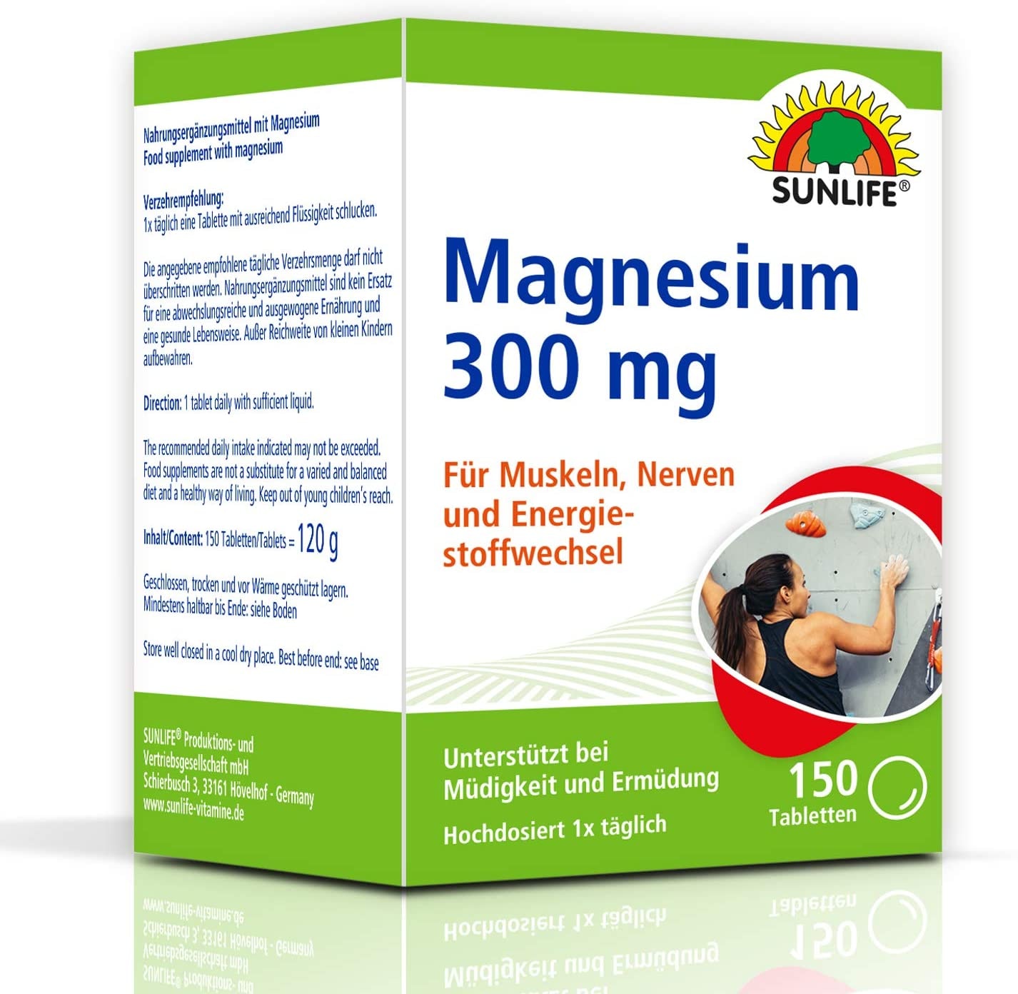 Produktbild von SUNLIFE Magnesium Tabletten 300mg: für starke Muskeln, Nerven & Knochen Nahrungsergänzungsmittel, 150 Tbl.