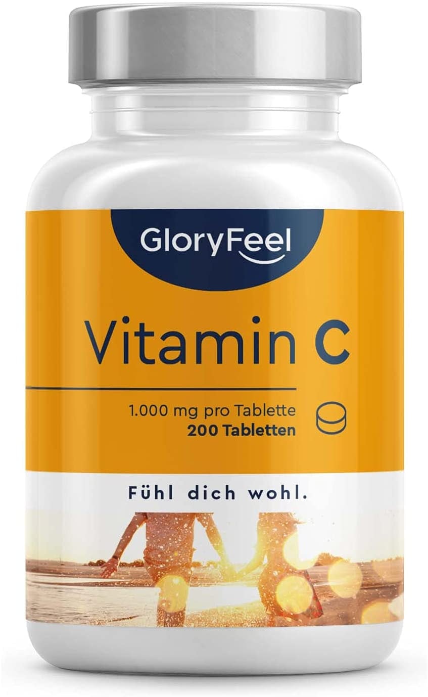Produktbild von GloryFeel Vitamin C 1.000mg Hochdosiert Unterstützt das Nerven- und Immunsystem  200 vegane Tabletten