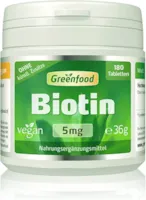 Greenfood Biotin, 5 mg, hochdosiert, 180 Tabletten, vegan - für Haut und Haare. OHNE künstliche Zusätze. Ohne Gentechnik.