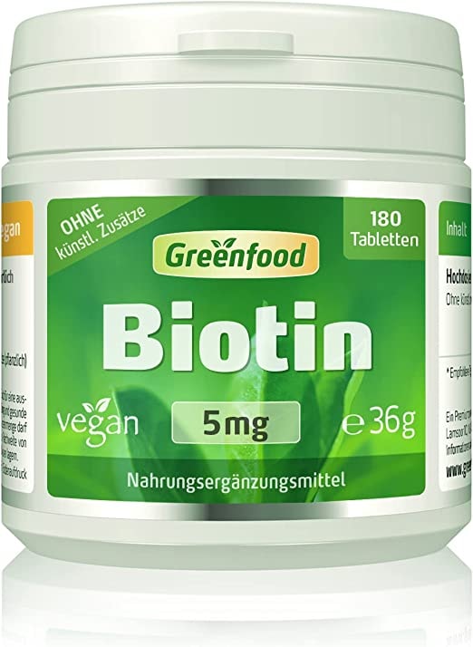 Produktbild von Greenfood Biotin, 5 mg, hochdosiert, 180 Tabletten, vegan - für Haut und Haare. OHNE künstliche Zusätze. Ohne Gentechnik.