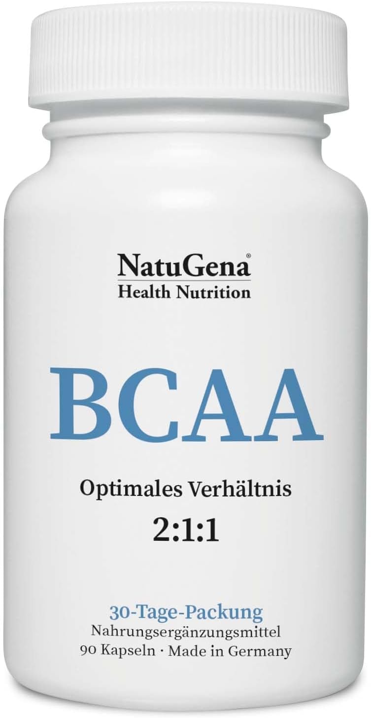 Produktbild von Bewertung NatuGena BCAA verzweigtkettigen Aminosäuren Leucin Isoleucin und Valin Höchste Rohstoffqualität aus deutscher Herstellung 90 Kapseln Monatspackung