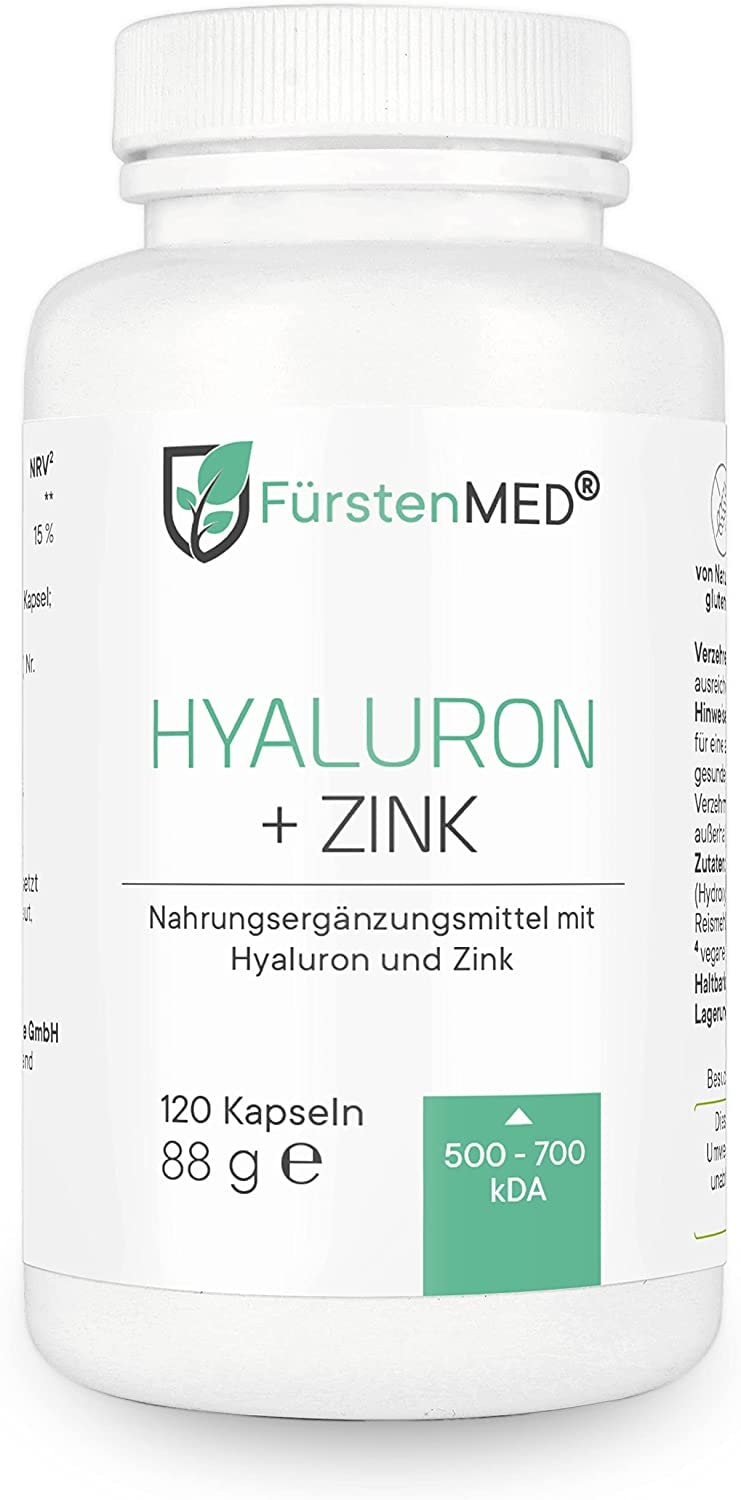 FürstenMED® Hyaluronsäure Kapseln - Hochdosiert 600mg Hyaluronsäure 500-700 kDa und 1,5mg Zink - Vegan - 120 Kapseln