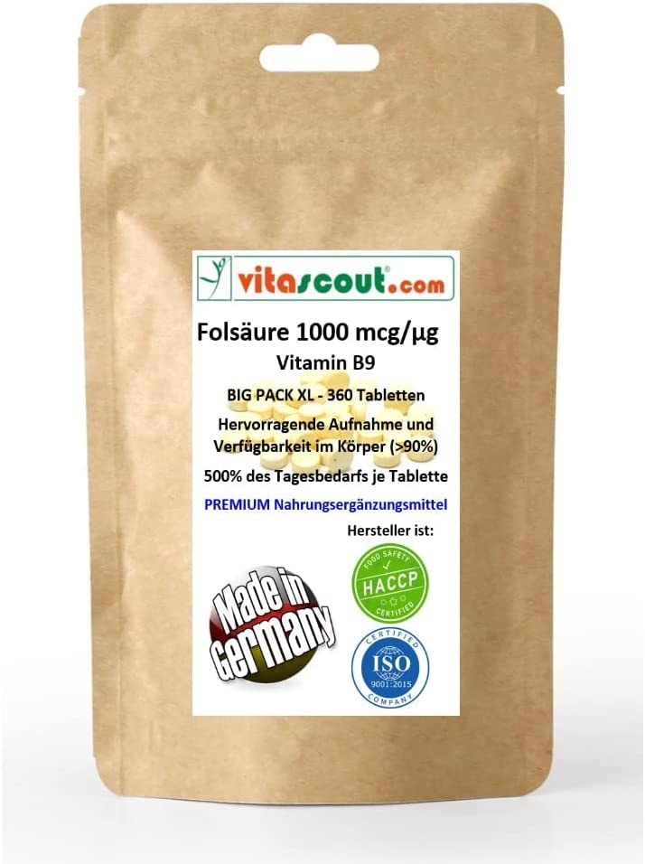 vitascout - Folsäure 360 Tabletten je 1000mcg - Folic Acid - Vitamin B9 = 500% des Tagesbedarfs je Tabl. vegan - OHNE MAGNESIUMSTEARAT - MADE IN GERMANY