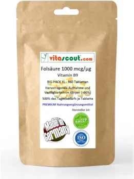 vitascout - Folsäure 360 Tabletten je 1000mcg - Folic Acid - Vitamin B9 = 500% des Tagesbedarfs je Tabl. vegan - OHNE MAGNESIUMSTEARAT - MADE IN GERMANY
