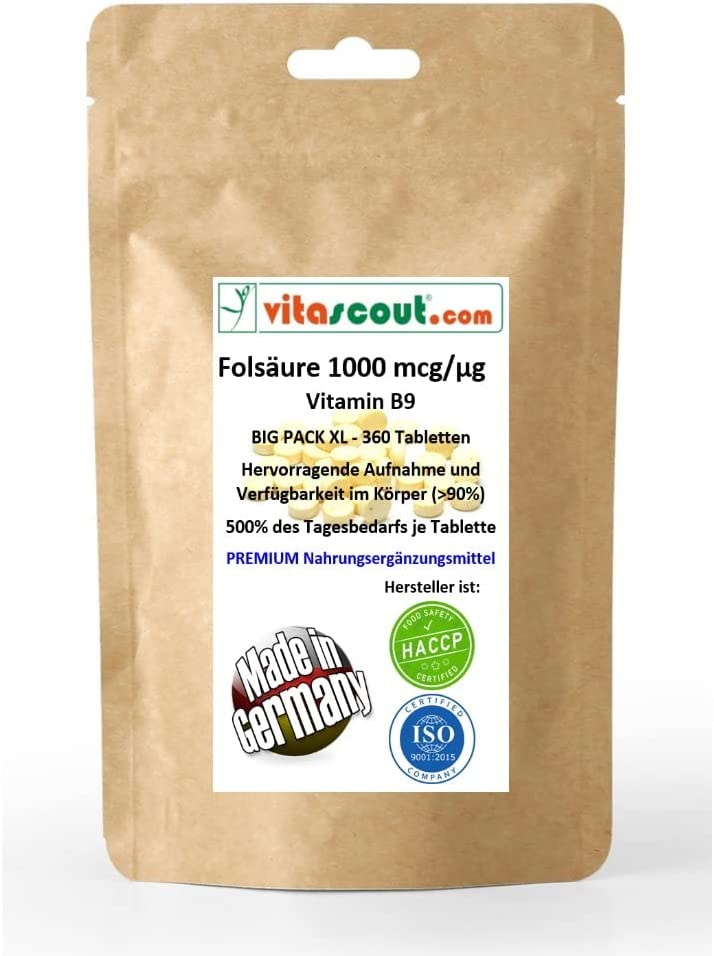 Produktbild von vitascout - Folsäure 360 Tabletten je 1000mcg - Folic Acid - Vitamin B9 = 500% des Tagesbedarfs je Tabl. vegan - OHNE MAGNESIUMSTEARAT - MADE IN GERMANY