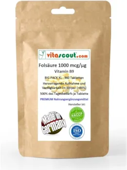 Produktbild von vitascout - Folsäure 360 Tabletten je 1000mcg - Folic Acid - Vitamin B9 = 500% des Tagesbedarfs je Tabl. vegan - OHNE MAGNESIUMSTEARAT - MADE IN GERMANY
