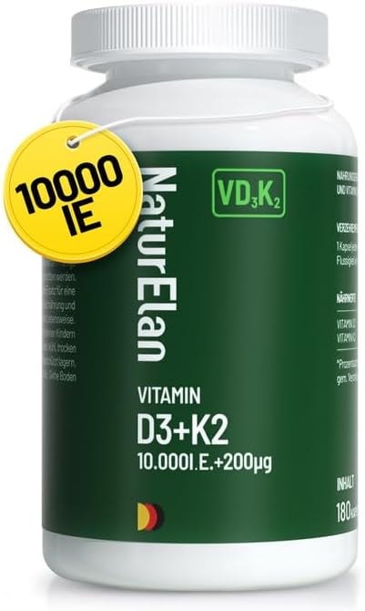 Produktbild von Bewertung NaturElan Vitamin D3 K2 Kapseln hochdosiert mit 10000I.E. Vitamin K2 als MK7 200 mcg pro Dosis, 180 vegetarische Kapseln, Ohne Zusätze, In Deutschland Produziert