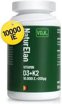 Produktbild von Bewertung NaturElan Vitamin D3 K2 Kapseln hochdosiert mit 10000I.E. Vitamin K2 als MK7 200 mcg pro Dosis, 180 vegetarische Kapseln, Ohne Zusätze, In Deutschland Produziert