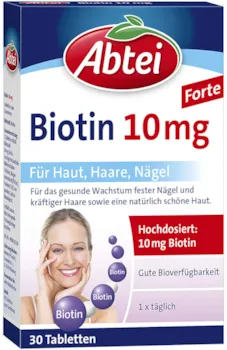 Abtei Biotin10mg - hochdosiertes Arzneimittel für gesunde Haut, schöne Haare und feste Nägel - vegetarisch, glutenfrei, gelatinefrei - 1 x 30 Tabletten