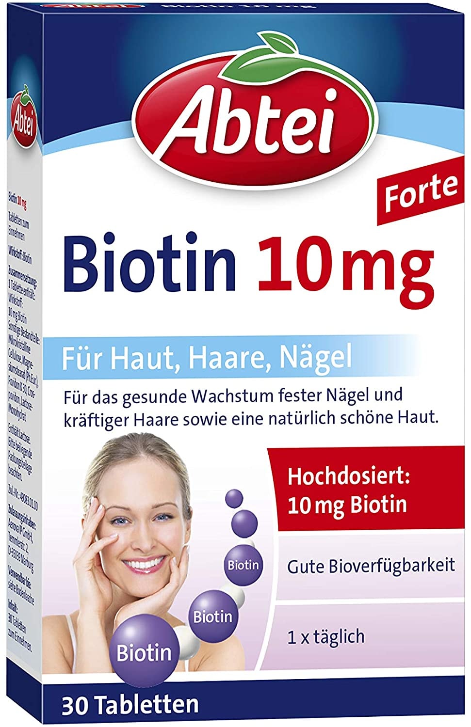 Produktbild von Abtei Biotin 10mg - hochdosiertes Arzneimittel für gesunde Haut, schöne Haare und feste Nägel - vegetarisch, glutenfrei, gelatinefrei - 1 x 30 Tabletten