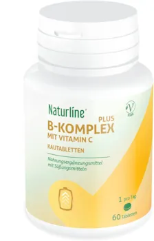 Produktbild von Naturline Vitamin B Komplex Hochdosiert Kombination aus B1-B6 Vitamin Tabletten eingereichert mit Vitamin C 60 Vegane zuckerfreie Kautabletten mit Fruchtgeschmack