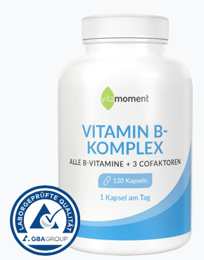 Produktbild von Bewertung vitamoment Vitamin B Komplex Kapseln hochdosiert alle acht B-Vitamine Nervensystem Haut Haare Müdigkeit