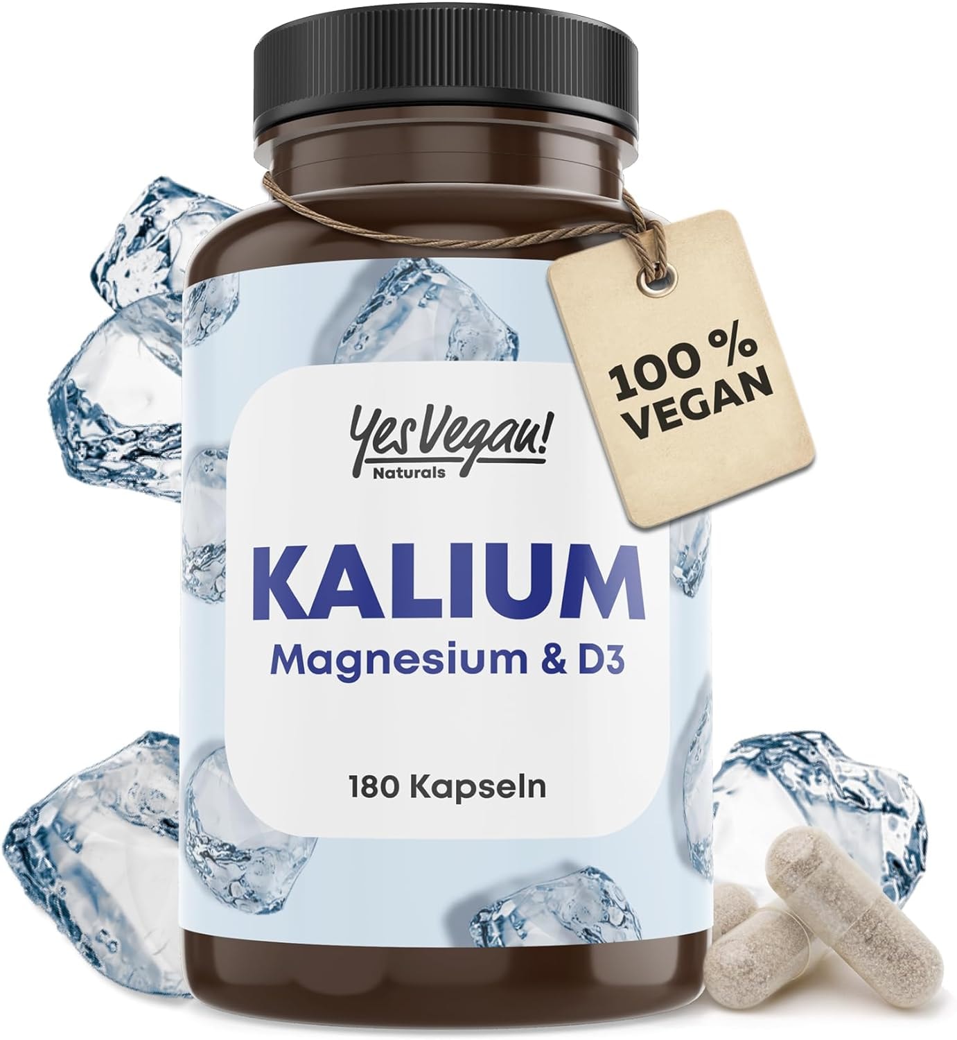 Produktbild von Yes Vegan Kalium Magnesium D3 hochdosiert (180 Kapseln) Elektrolyte Komplex mit 1697 mg Kalium pro Portion - Vegan Electrolytes mit Vitamin D - Depot Kalium Kapseln