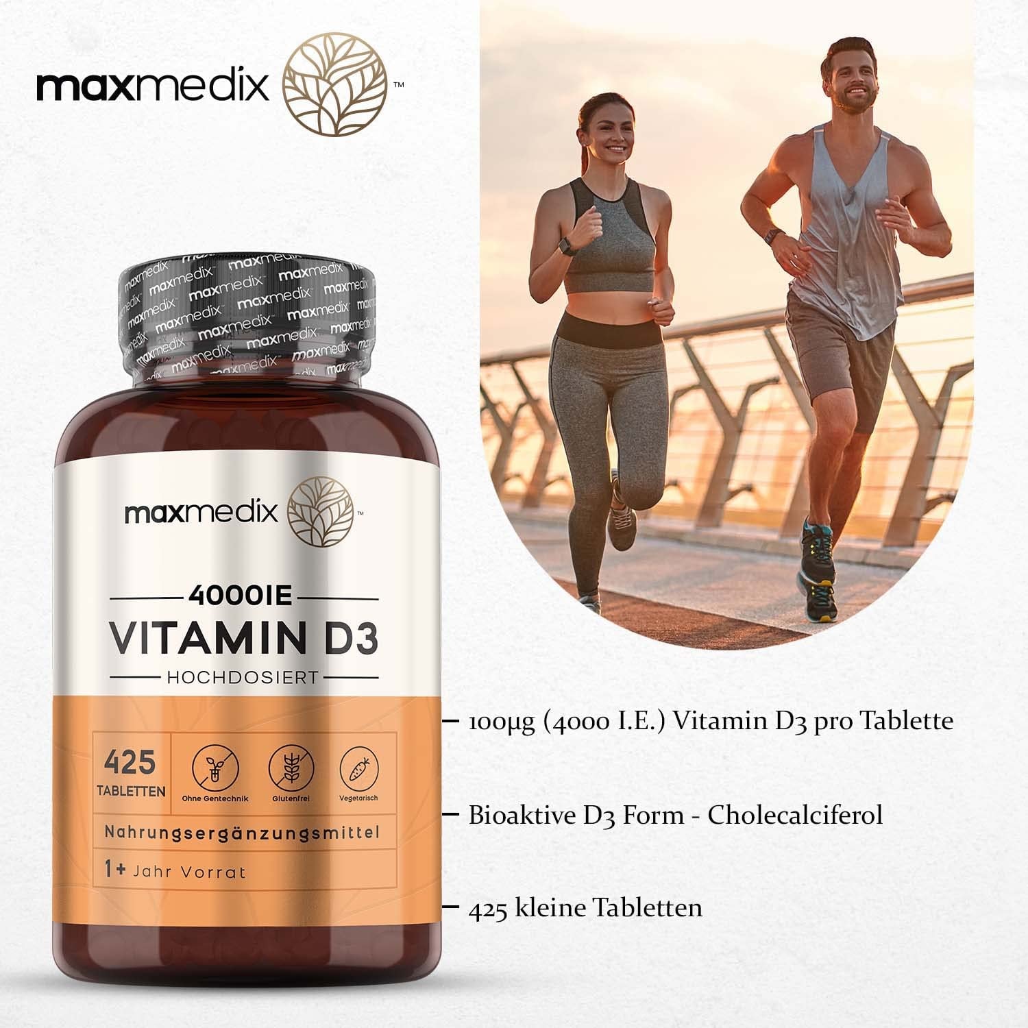Produktbild von MaxMedix Vitamin D3 Tabletten - 425 Tabletten - Vegetarisches Vit D 4000IE (1 Tablette alle 4 Tage) - 100% reines Cholecalciferol - Sonnenvitamin Nahrungsergänzungsmittel für Jung & Alt - Maxmedix