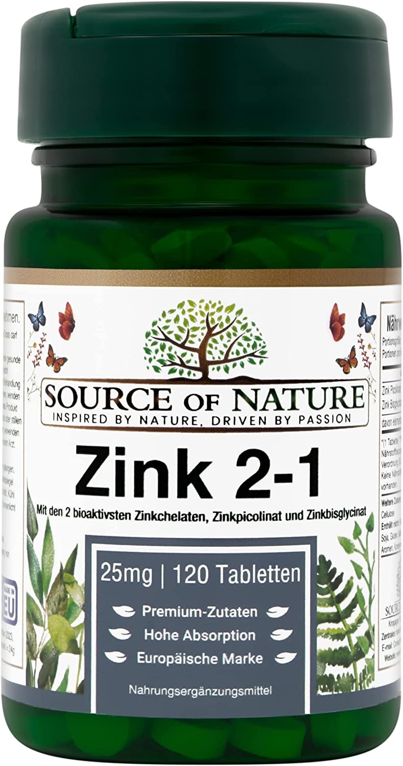 Source of Nature® 2-in-1 Zink 25mg 120 Tabletten 2 höchst bioaktive Zinkarten 4-Monats-Vorrat Wissenschaftliche Rezeptur mit Zinkpicolinat und Zinkbisglycinat