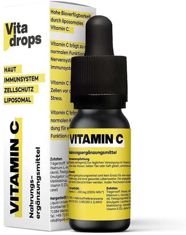 Produktbild von Vitadrops Wasserlösliches Vitamin C | 30 Tagesdosen | Liposomal | Neutraler Geschmack | Wirksamer als Pulver & Kapseln | Hochdosiert & Laborgeprüft | Natürliche | Immunsystem | Vegan | Made in Germany | 30ml