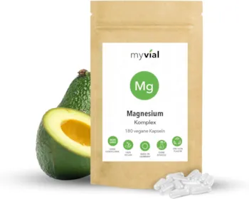 Produktbild von Bewertung myvial Premium Magnesium Komplex hochdosiert Kapseln 180 Stück vegan ohne Zusätze plastikfrei verpackt 375mg elementares Magnesium pro Tagesdosis aus 5 hochwertigen Verbindungen
